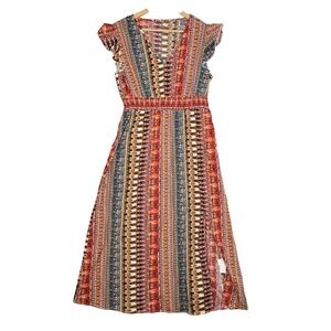 Cupshe Maxi Dress Womens XL Boho Print Smocked Waist Flutter Sleeve V Neck New
